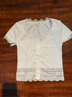 Caution To The Wind White Ribbed Lace-Trim Button Down Top | Size Small
